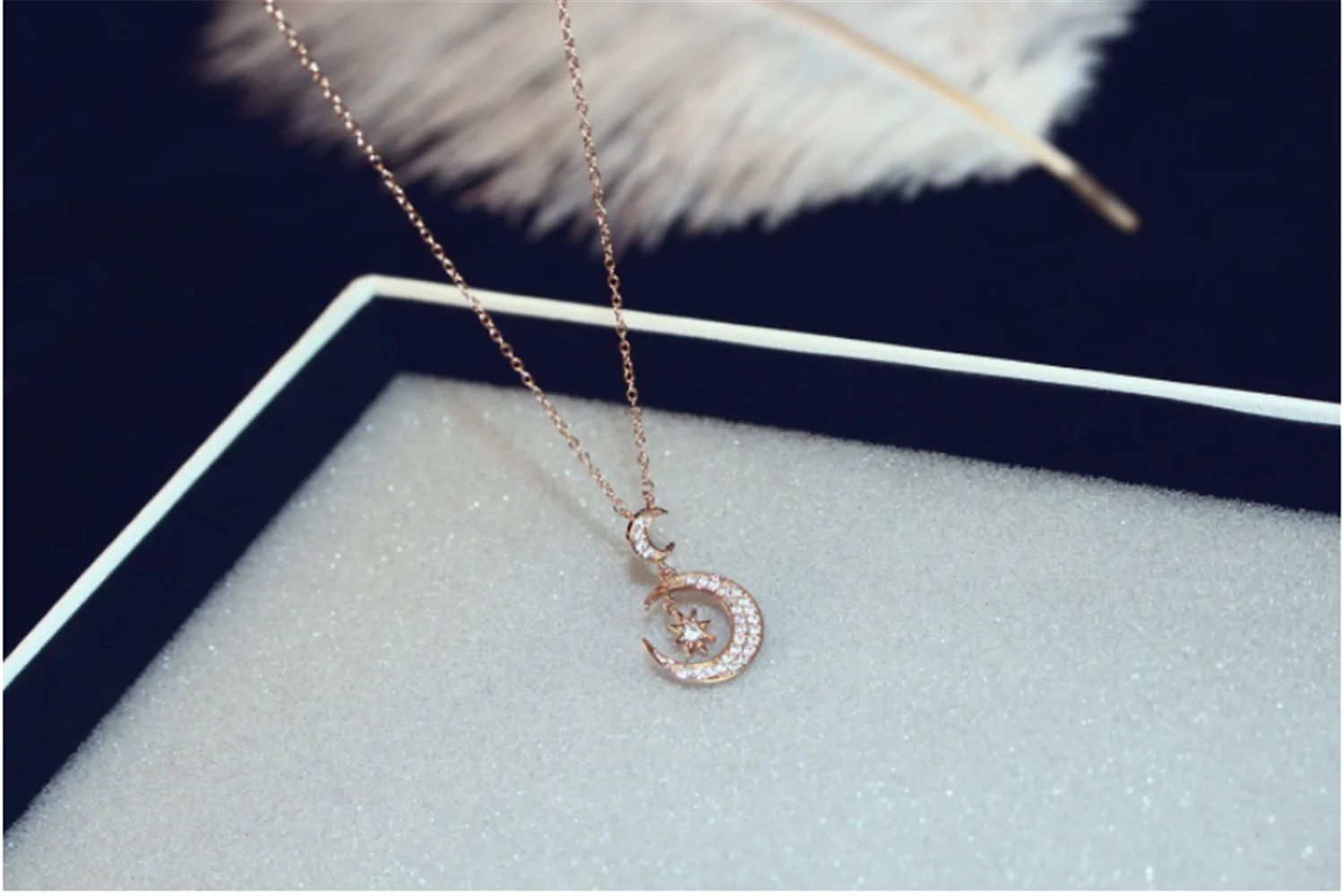 Rose Gold Cubic Zirconia Moon Star Dangle Charms Choker