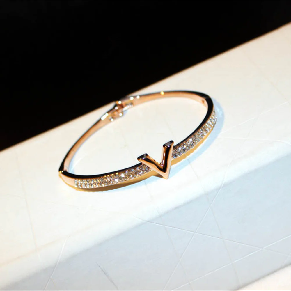 Rhinestones Lucky V Initial Bangle Bracelet
