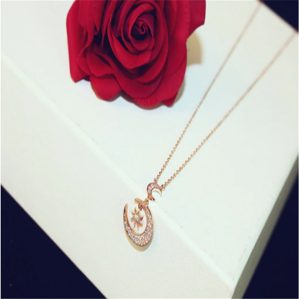 Rose Gold Cubic Zirconia Moon Star Dangle Charms Choker