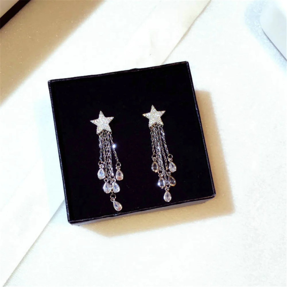 Rhinestones Crystal Star Tassel Dangle Earrings
