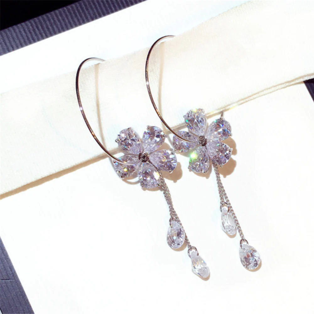 Rhinestones Crystal Flower Dangle Charm Hoops Earrings