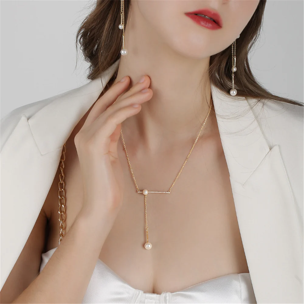 Rose Gold Pearl Balance Dangle Charms Necklace