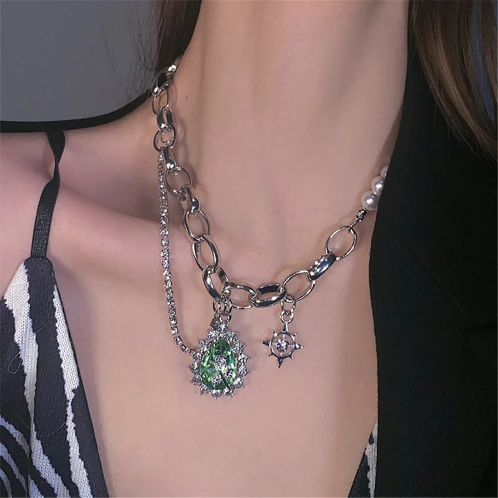 Emerald Rhinestones Crystal Pearl Chain Necklaces