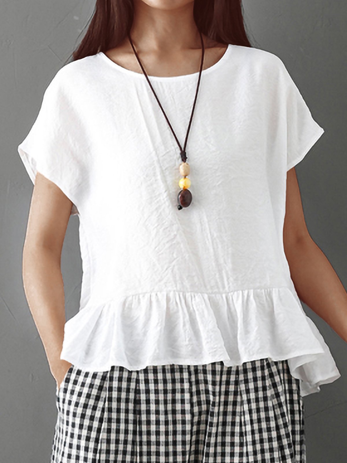 Plus Size Women Stitching Solid Bat Sleeves Loose Cotton And Linen Casual Tops